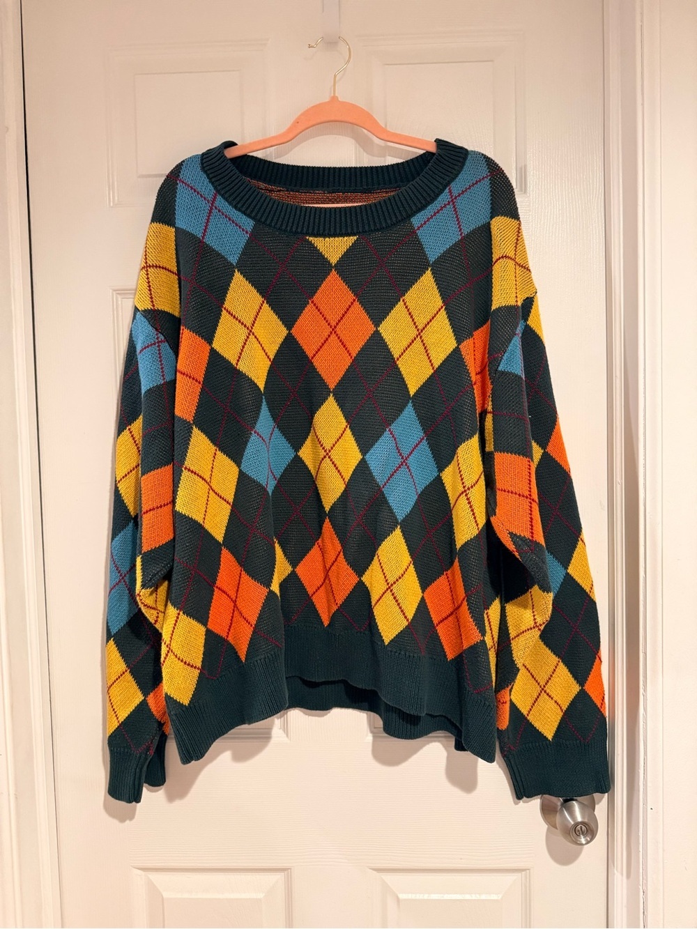 Relaxed Argyle Crewneck Sweater in Blue, Yellow & Orange